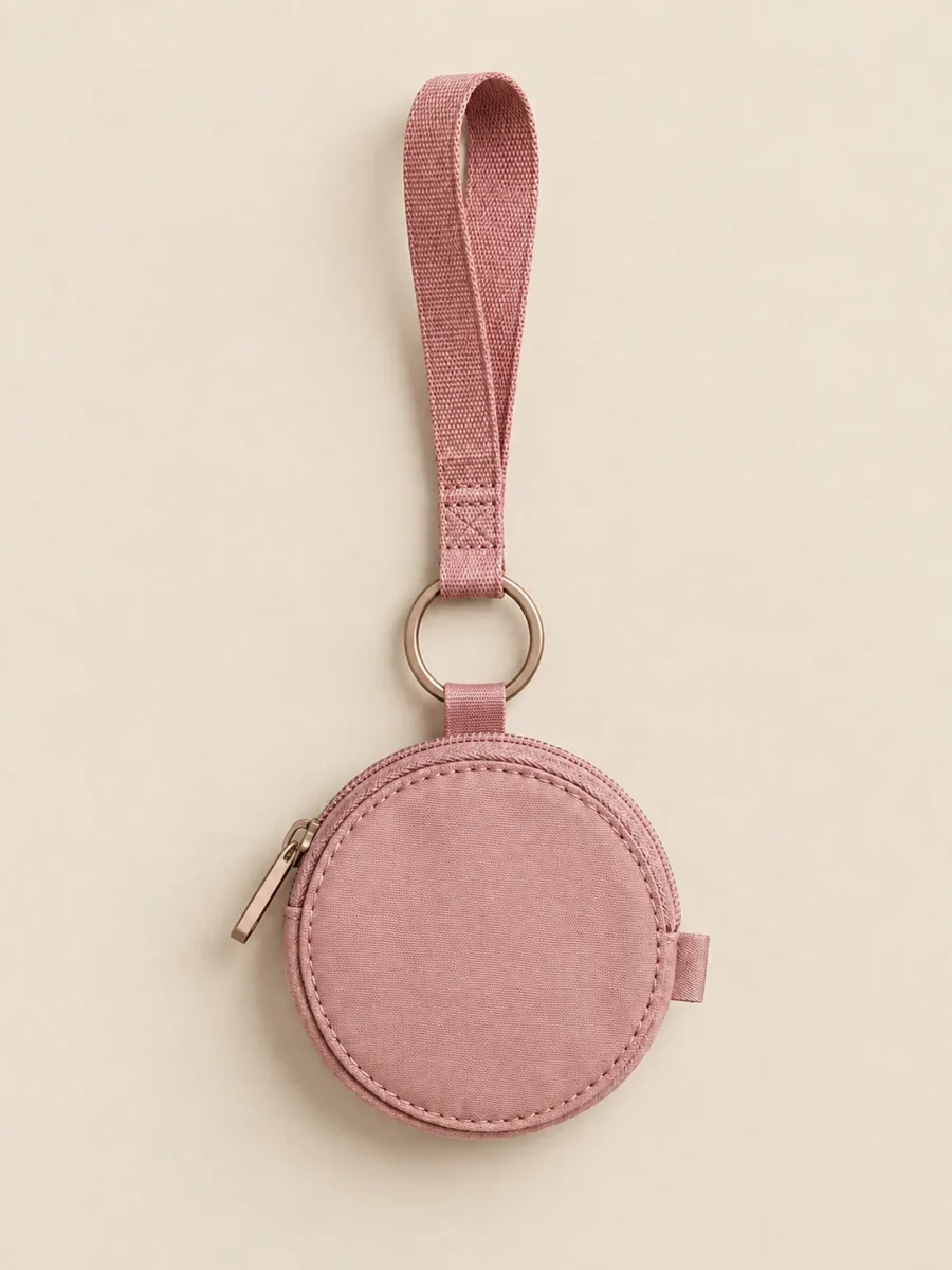 Lanyard & Coin Pouch Set in Rose Chalk, pieces clipped together as worn
