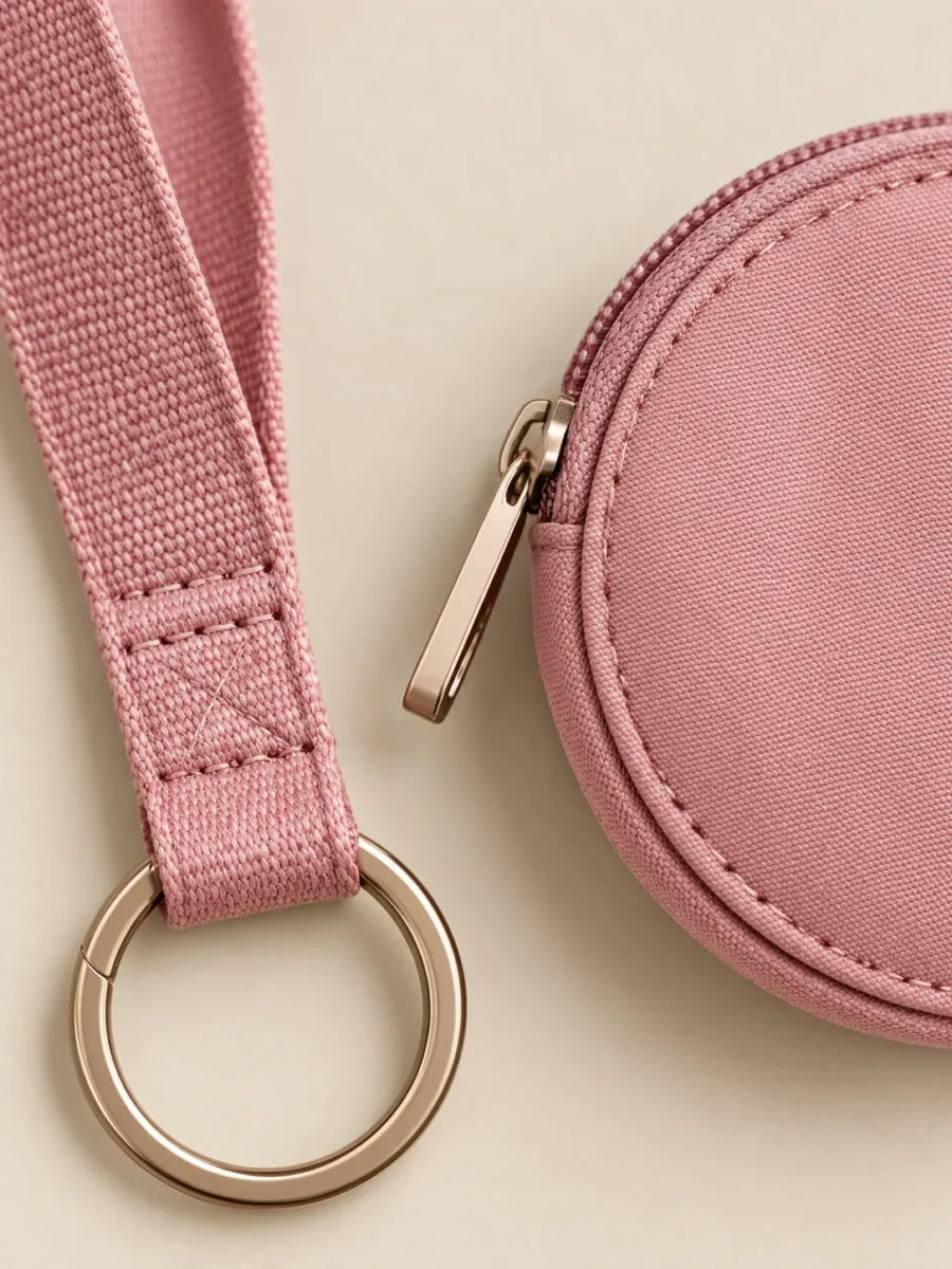 Lanyard & Coin Pouch Set in Rose Chalk, close-up of pockets and hardware