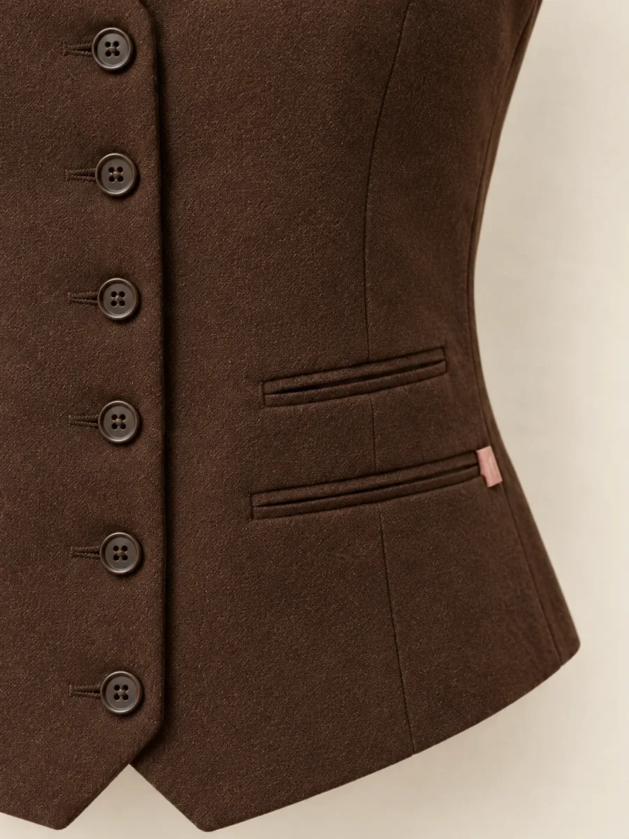 Ledger Tailored Waistcoat in Cocoa, close-up of pockets and hardware