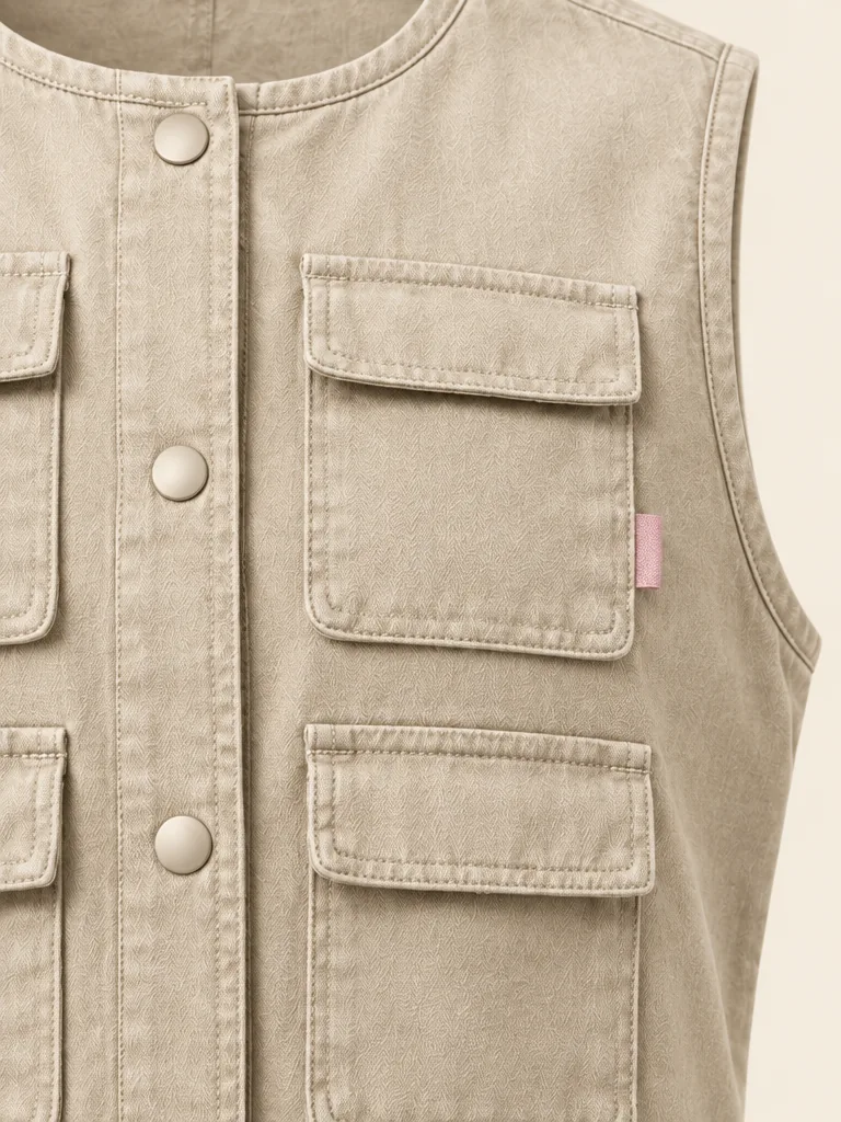 Mapmaker Grid Vest in Stone, close-up of pockets and hardware