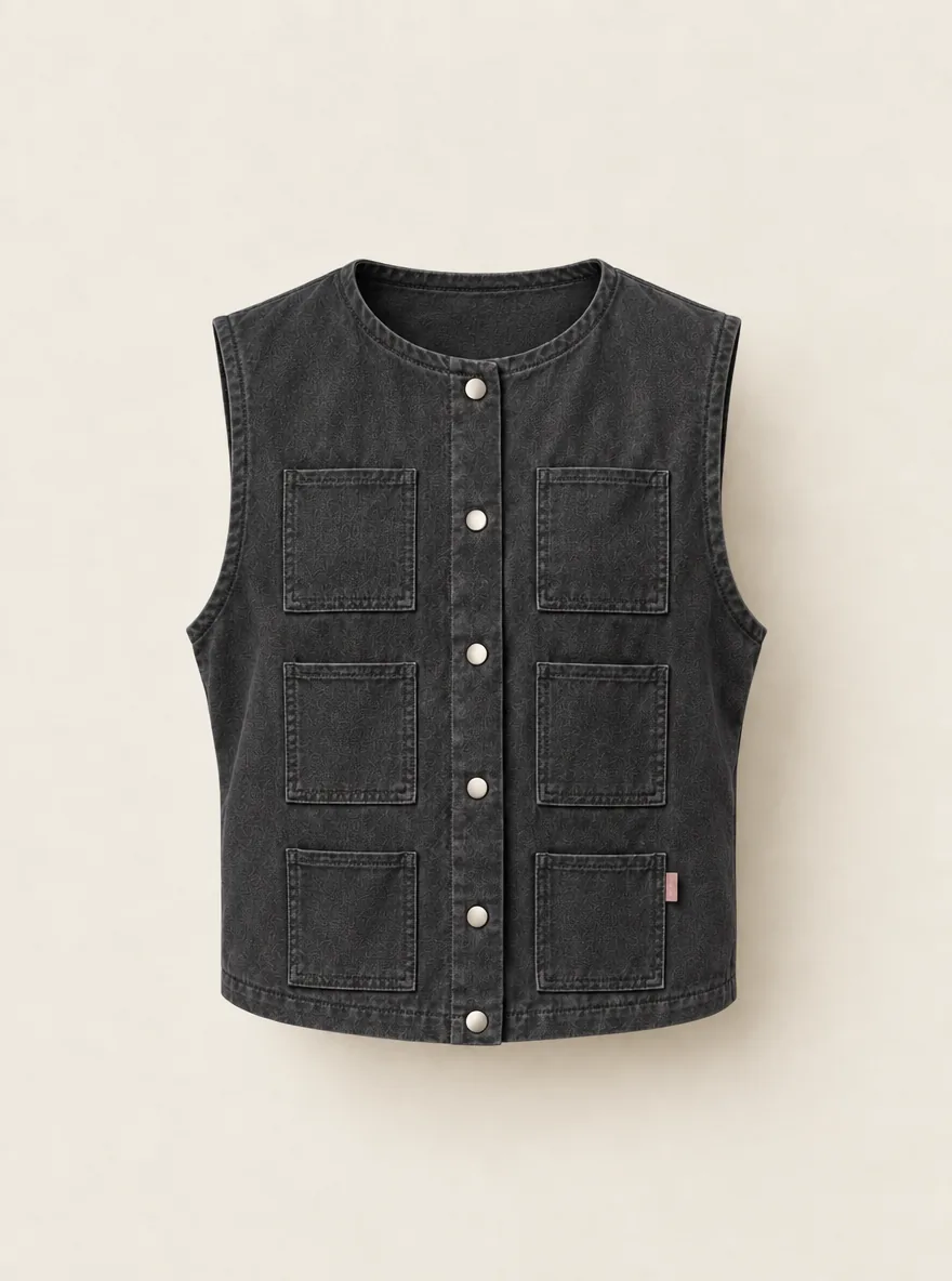 Mapmaker Grid Vest in Washed Black, front view