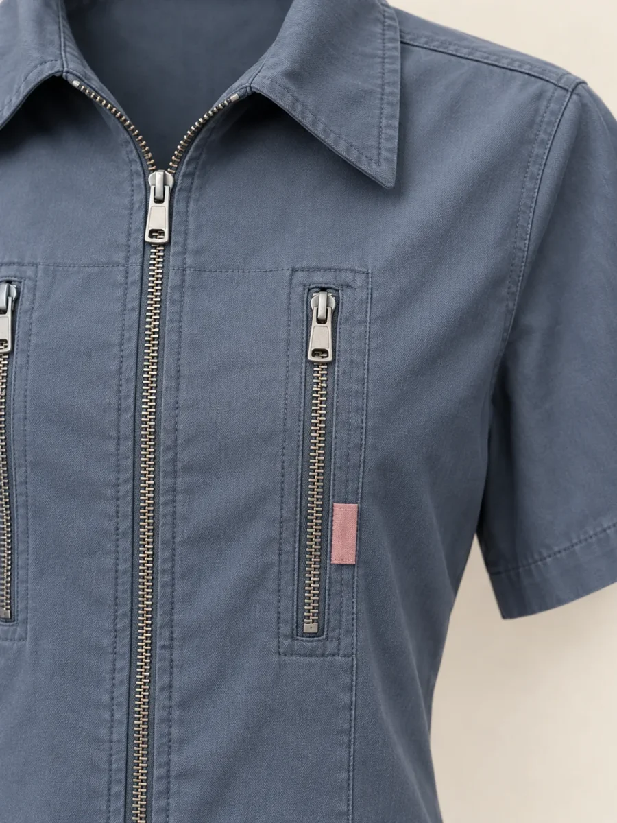 Mechanic Zip Crop in Slate, close-up of pockets and hardware