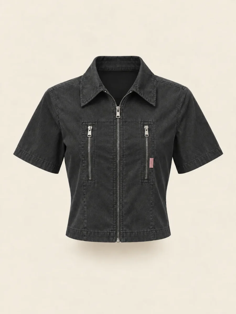 Mechanic Zip Crop in Washed Black, front view
