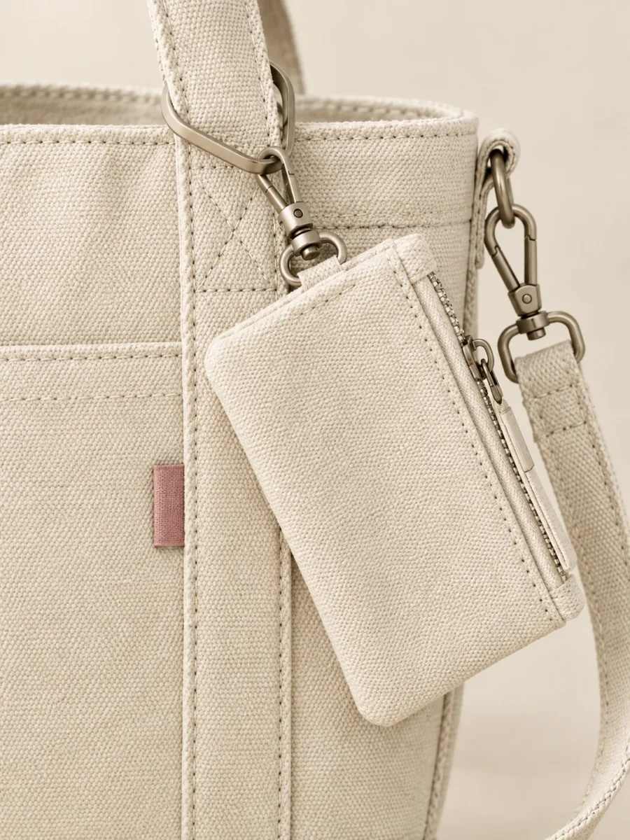 Mini Tote & Pouch in Ecru, close-up of pockets and hardware