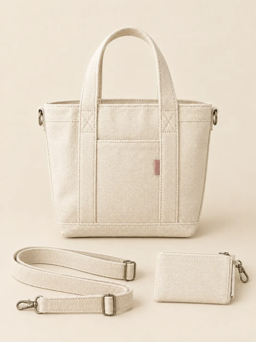 Mini Tote & Pouch with its detachable pieces unclipped and laid beside it