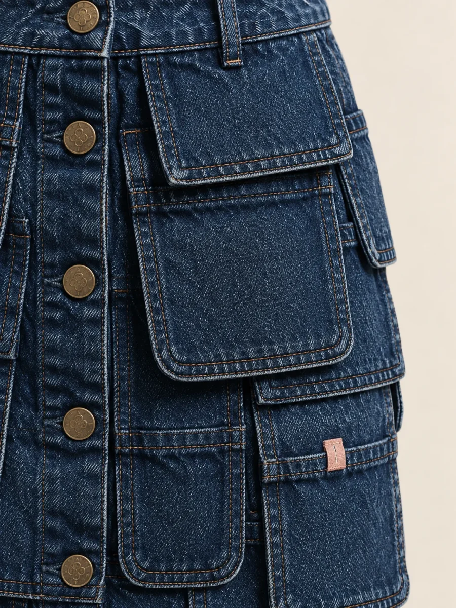 Patchwork Pocket Mini in Indigo, close-up of pockets and hardware