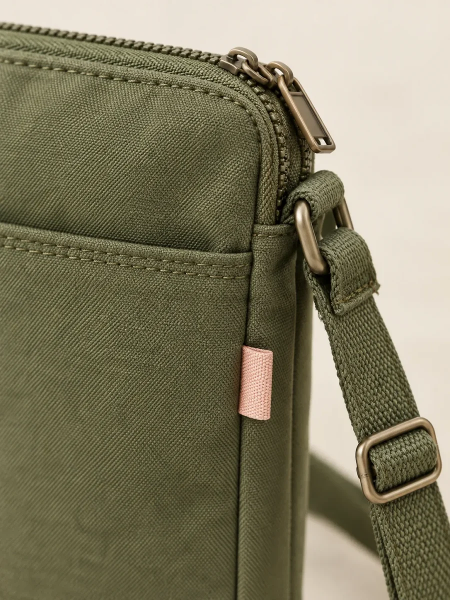 Phone Holster Bag in Olive, close-up of pockets and hardware
