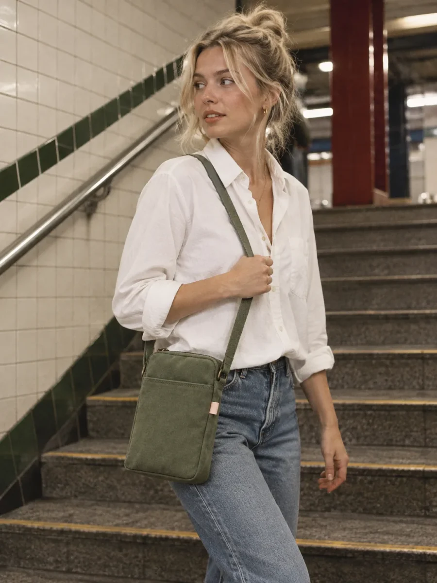 Phone Holster Bag in Olive, worn out in the city