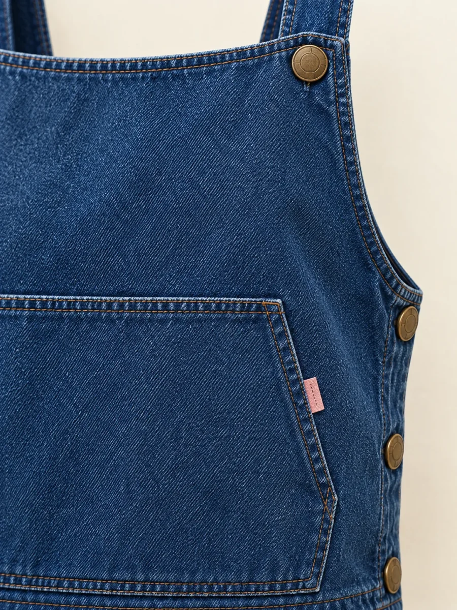 Pinafore Bib Vest in Indigo, close-up of pockets and hardware