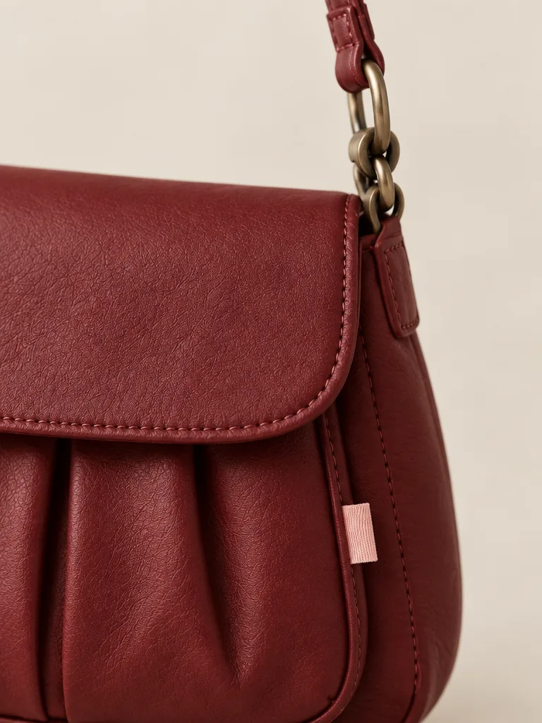 Pleat Pocket Shoulder Bag in Cherry, close-up of pockets and hardware