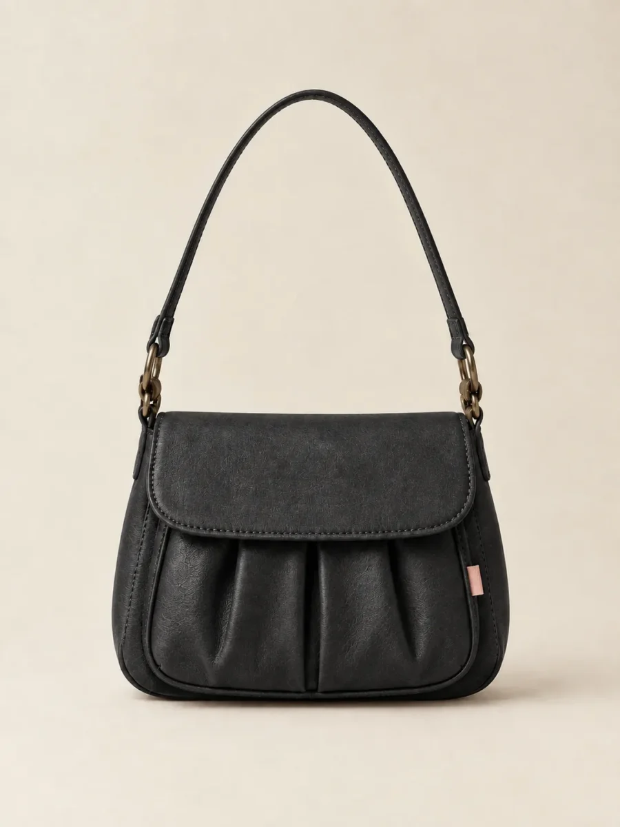 Pleat Pocket Shoulder Bag in Washed Black, front view