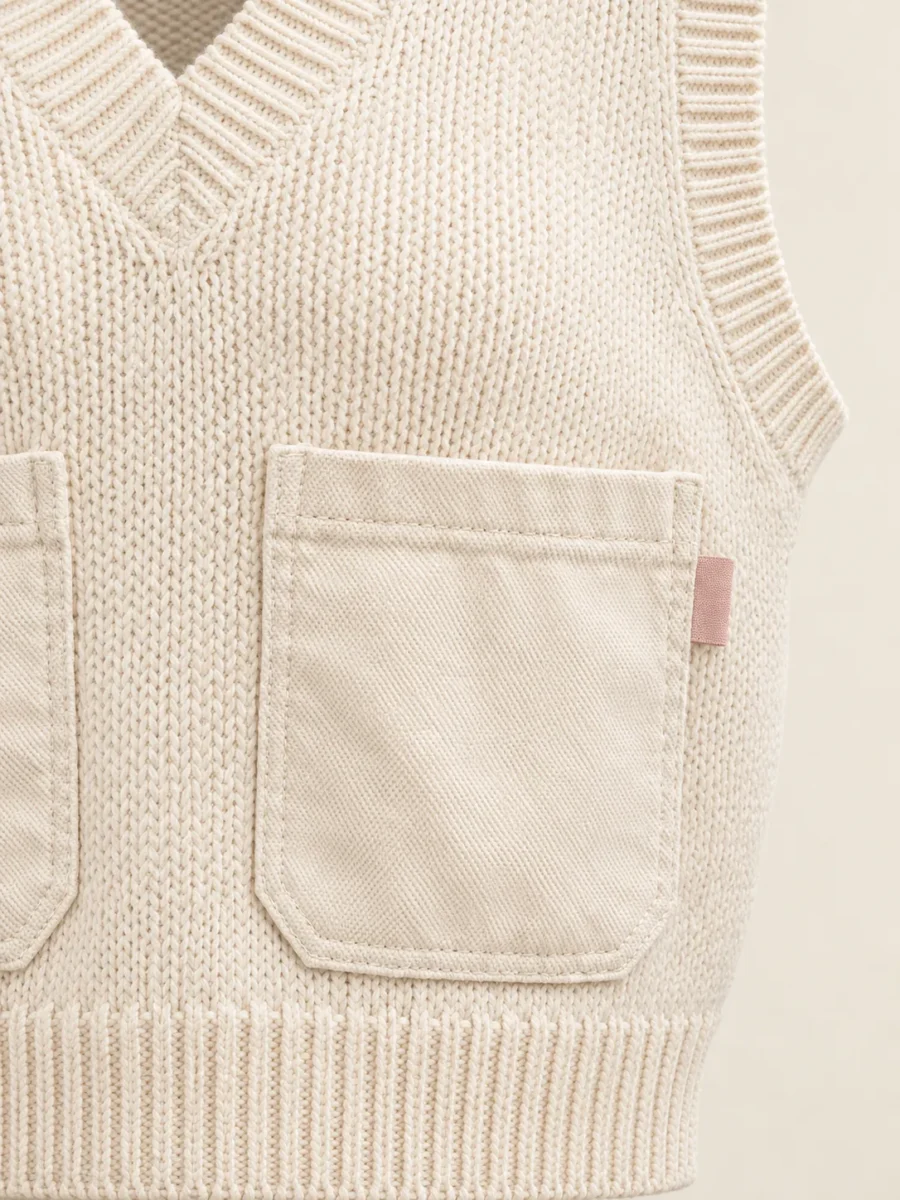 Pocket Knit Vest in Ecru, close-up of pockets and hardware
