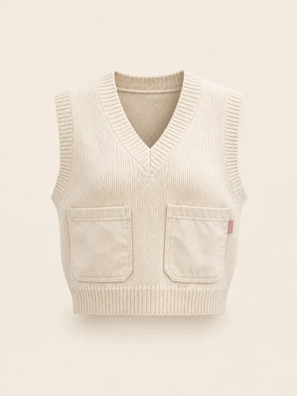 Pocket Knit Vest in Ecru, front view