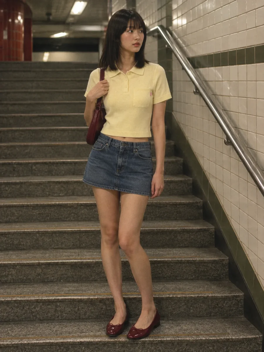 Pocket Polo Crop in Butter, worn out in the city