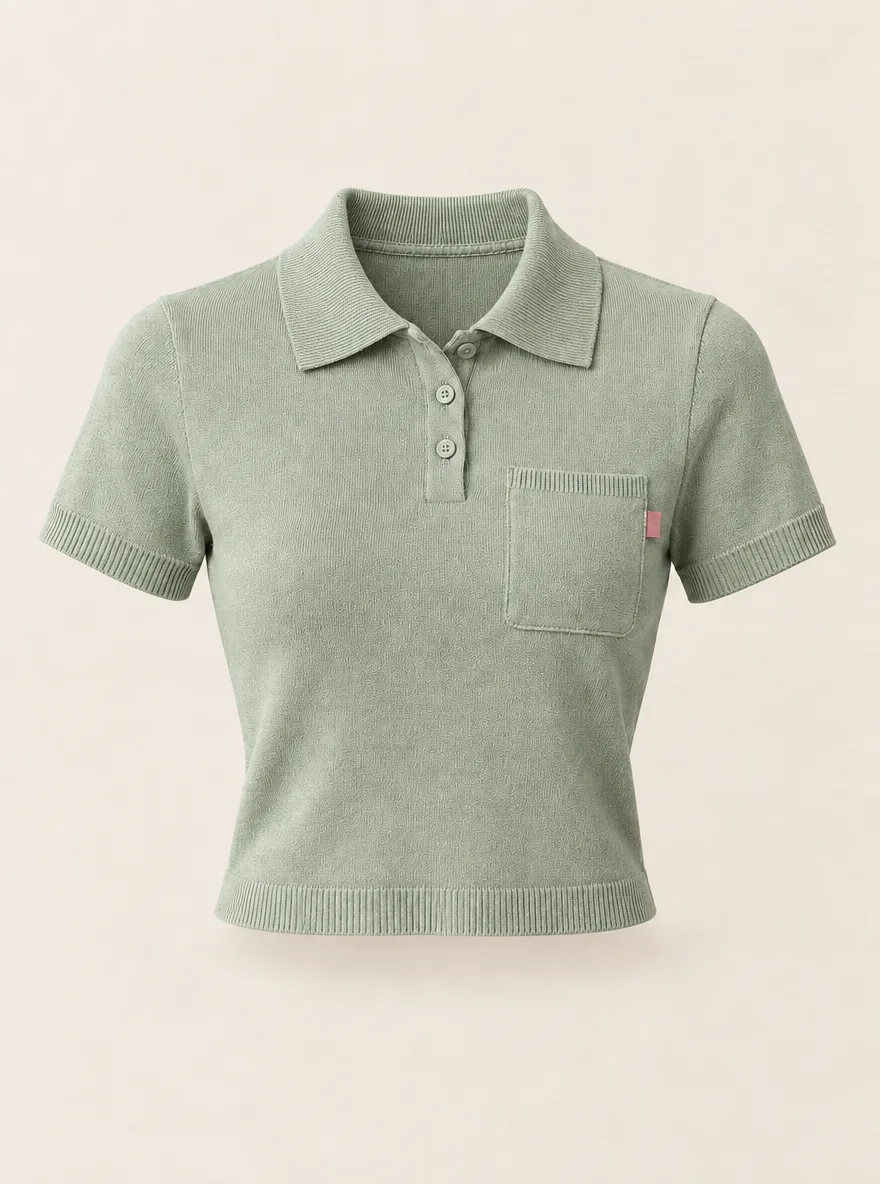 Pocket Polo Crop in Sage, front view