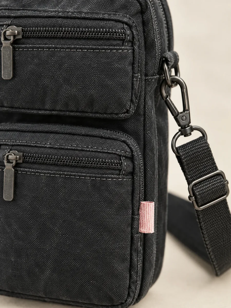 Pocket Stack Crossbody in Washed Black, close-up of pockets and hardware
