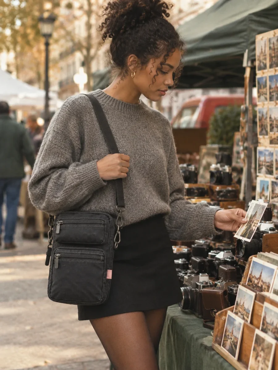 Pocket Stack Crossbody in Washed Black, worn out in the city