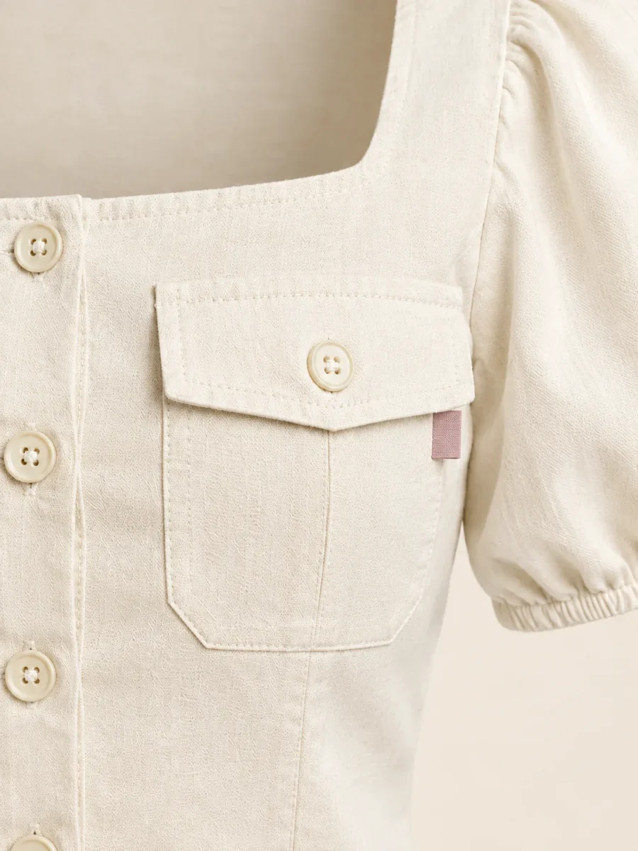 Puff Sleeve Utility Blouse in Ecru, close-up of pockets and hardware
