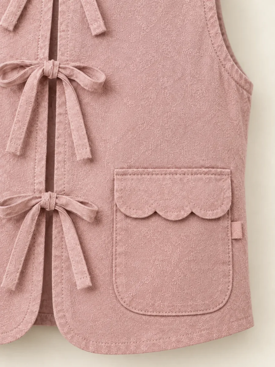 Ribbon Tie Vest in Rose Chalk, close-up of pockets and hardware
