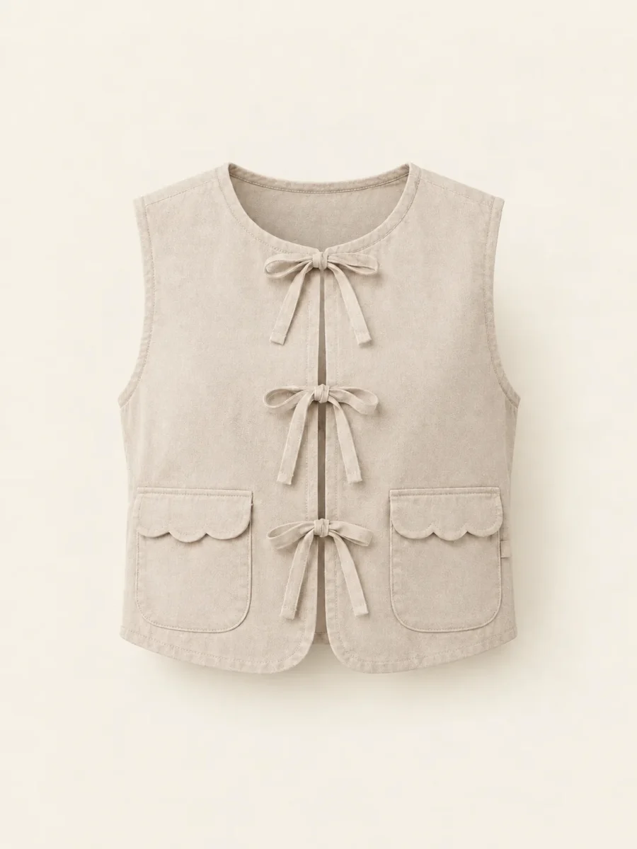 Ribbon Tie Vest in Stone, front view
