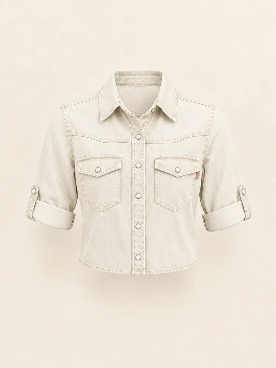 Rolled Sleeve Denim Crop in Ecru, front view