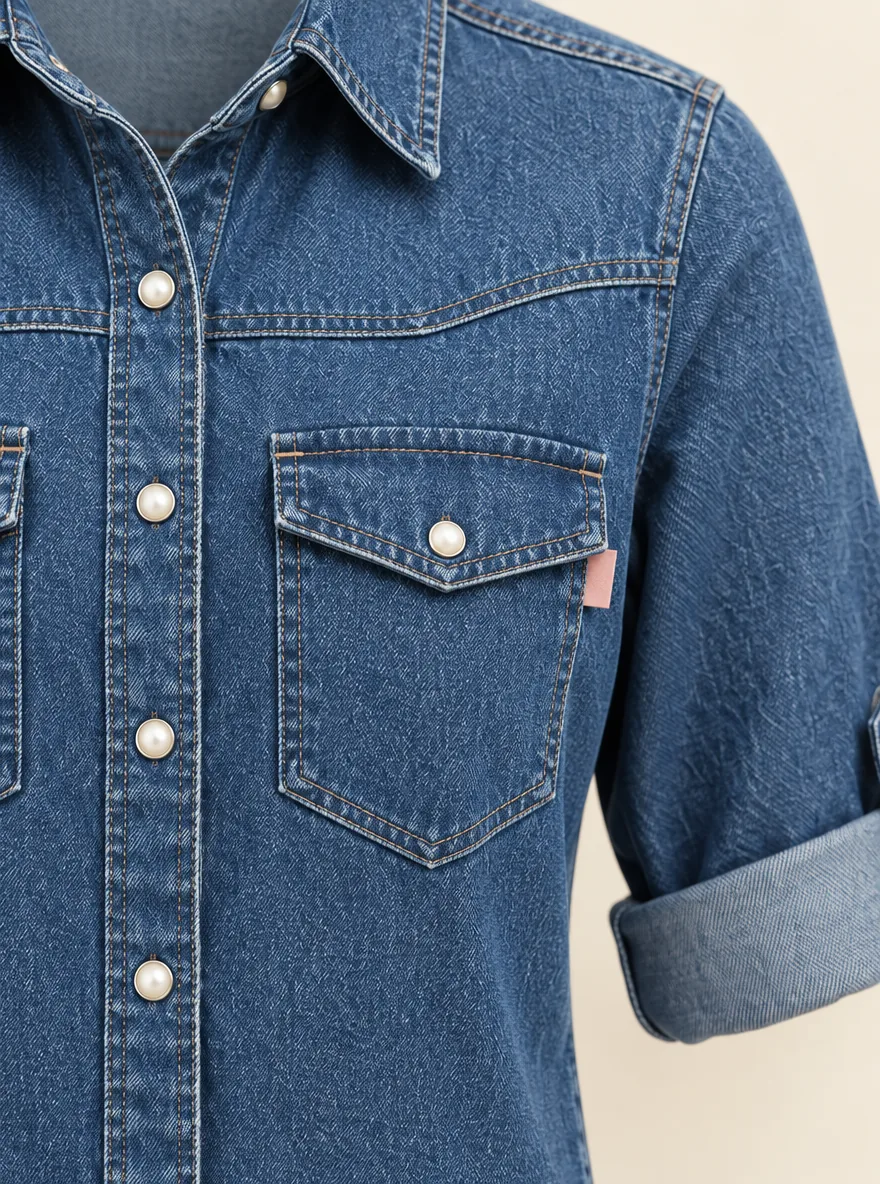 Rolled Sleeve Denim Crop in Indigo, close-up of pockets and hardware