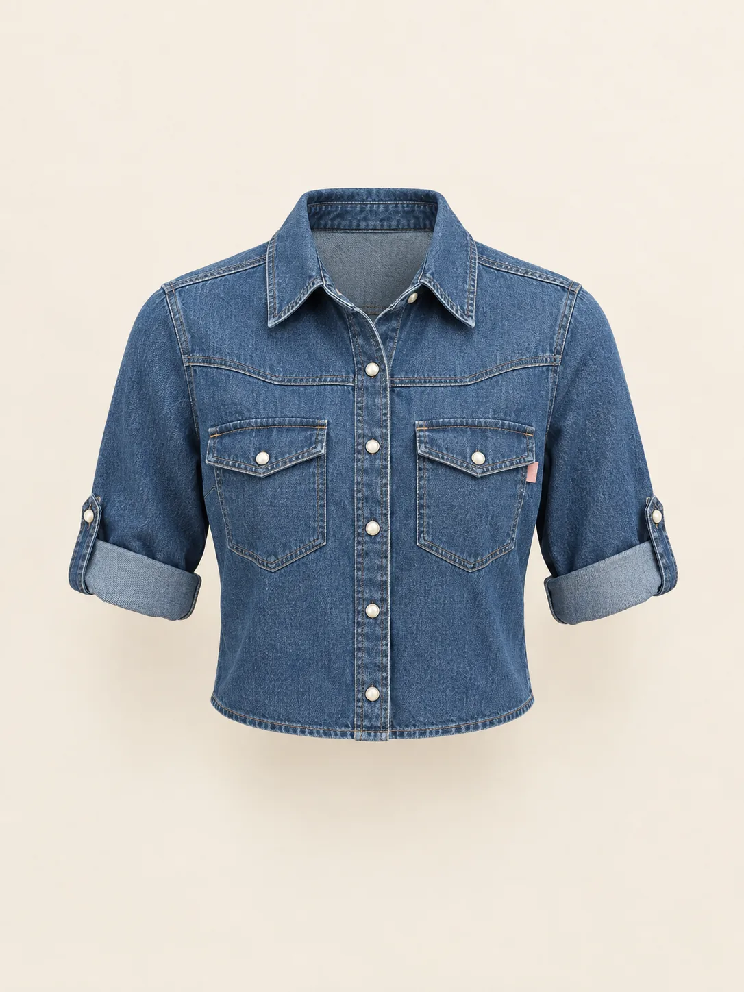 Rolled Sleeve Denim Crop in Indigo, front view