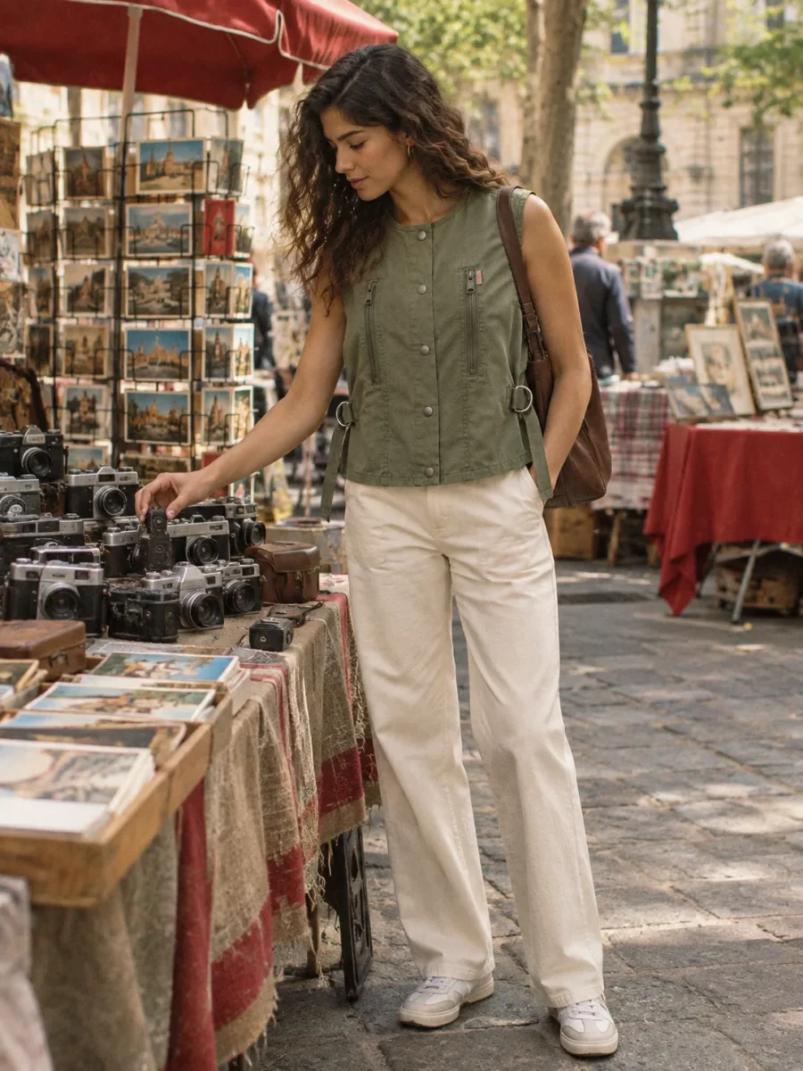 Satchel Strap Vest in Olive, worn out in the city