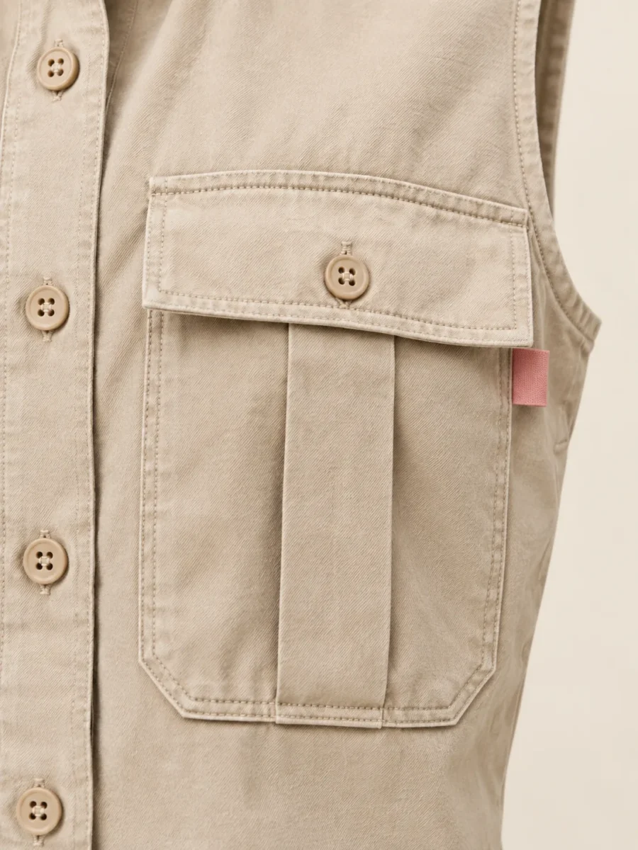 Sleeveless Cargo Shirt in Stone, close-up of pockets and hardware