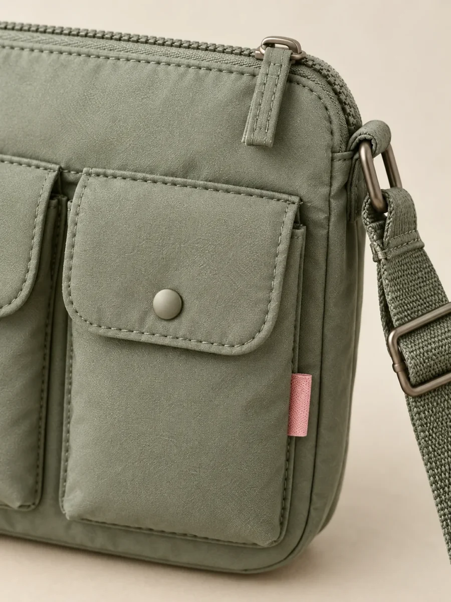 Snap Grid Crossbody in Sage, close-up of pockets and hardware