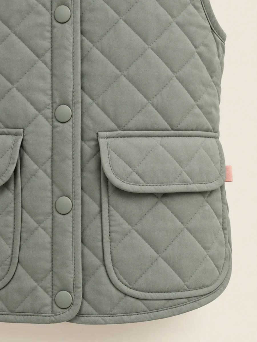 Snapshot Quilted Vest in Sage, close-up of pockets and hardware