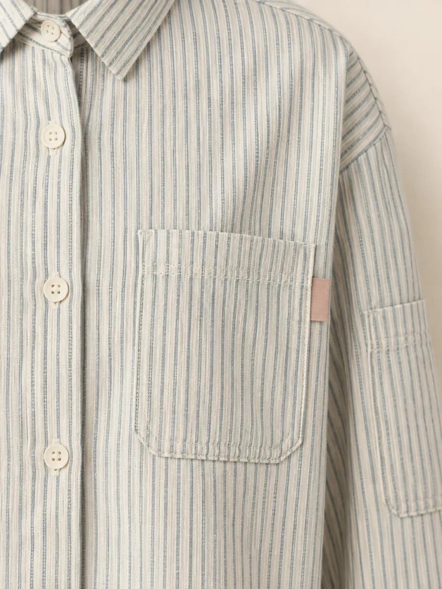 Ticket Pocket Stripe Shirt in Slate, close-up of pockets and hardware