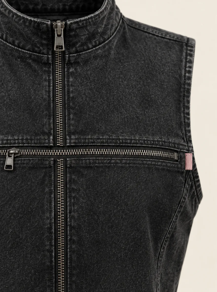 Transit Zip Vest in Washed Black, close-up of pockets and hardware