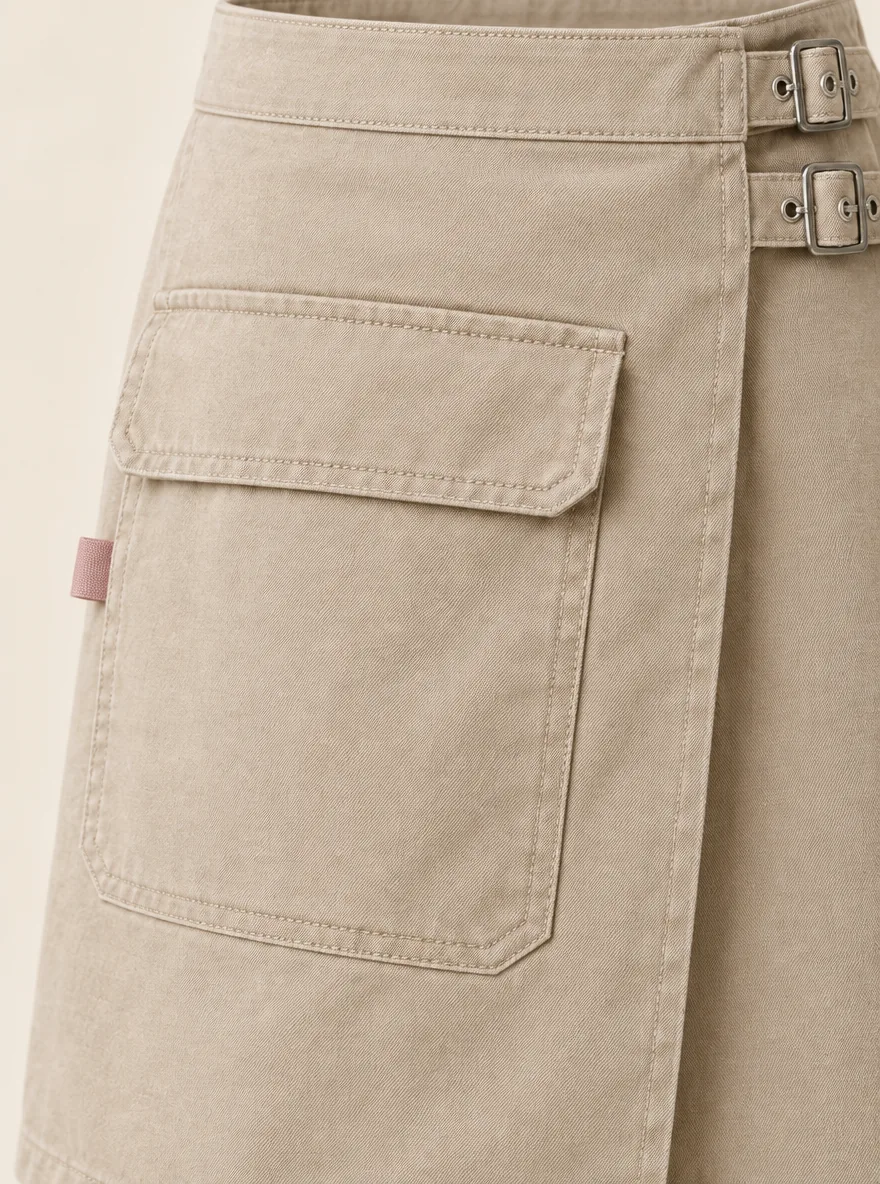 Wrap Buckle Mini in Stone, close-up of pockets and hardware
